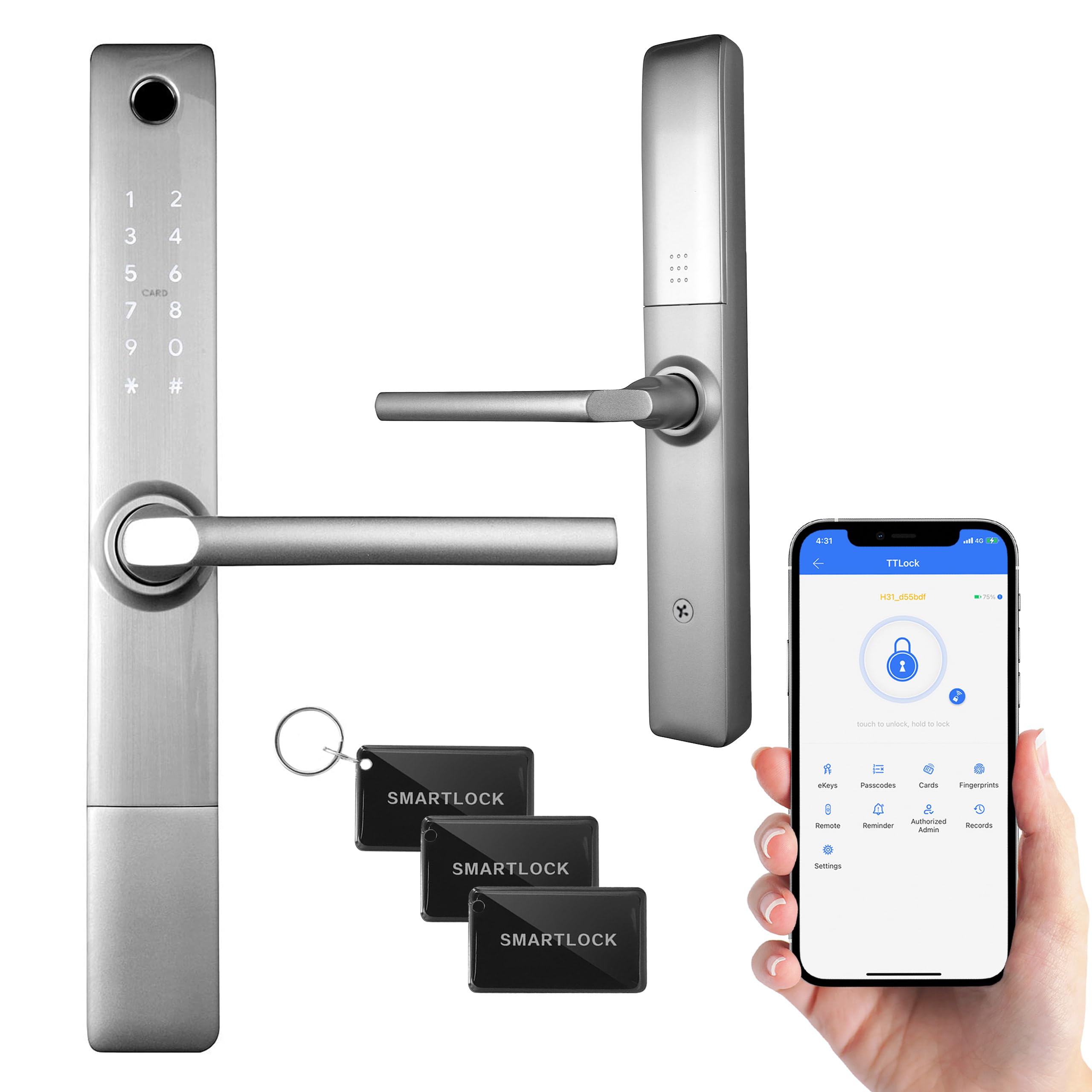 Cerradura de puerta inteligente EURA ELH-20H4 con manija Cerradura de combinación de 13,56 MHz Lector de proximidad lector biométrico IP65 Blacker Universal Bolt Pitch Plata