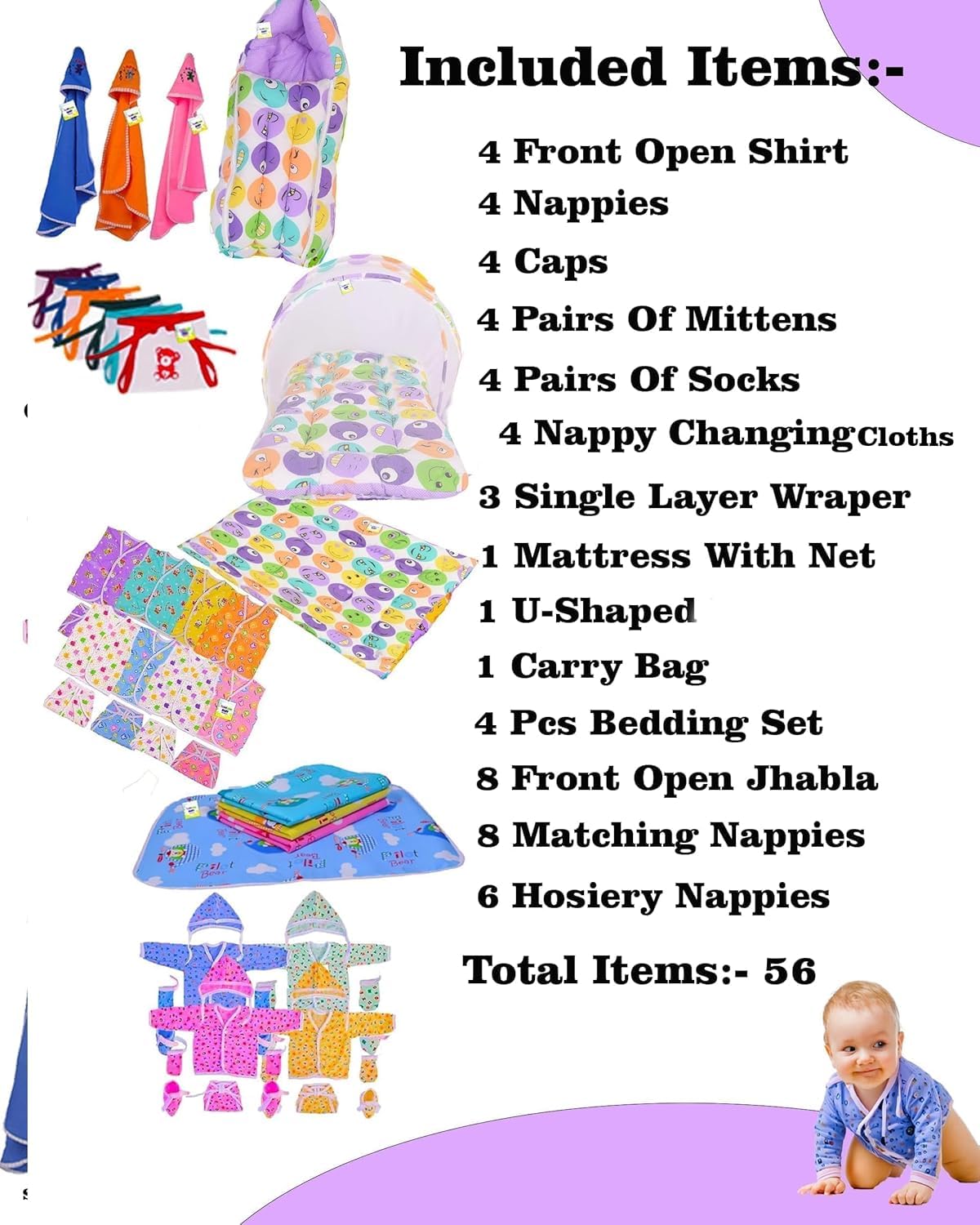 Toddylon New Born Baby Essentials Kit 56 Combo Set (0–6 Months) | Newborn Baby Hospital Bag Kit | Infant Combo Set for New Born | Newborns Baby Dress & Clothing Set | Infants Essentials Kit 1
