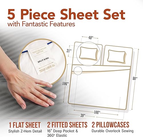 Miniatura 5 de TEXAS LINEN CO. Juego de sábanas de algodón egipcio dividido tamaño King, 600 hilos, 5 piezas, para cama ajustable, sábanas de damasco de