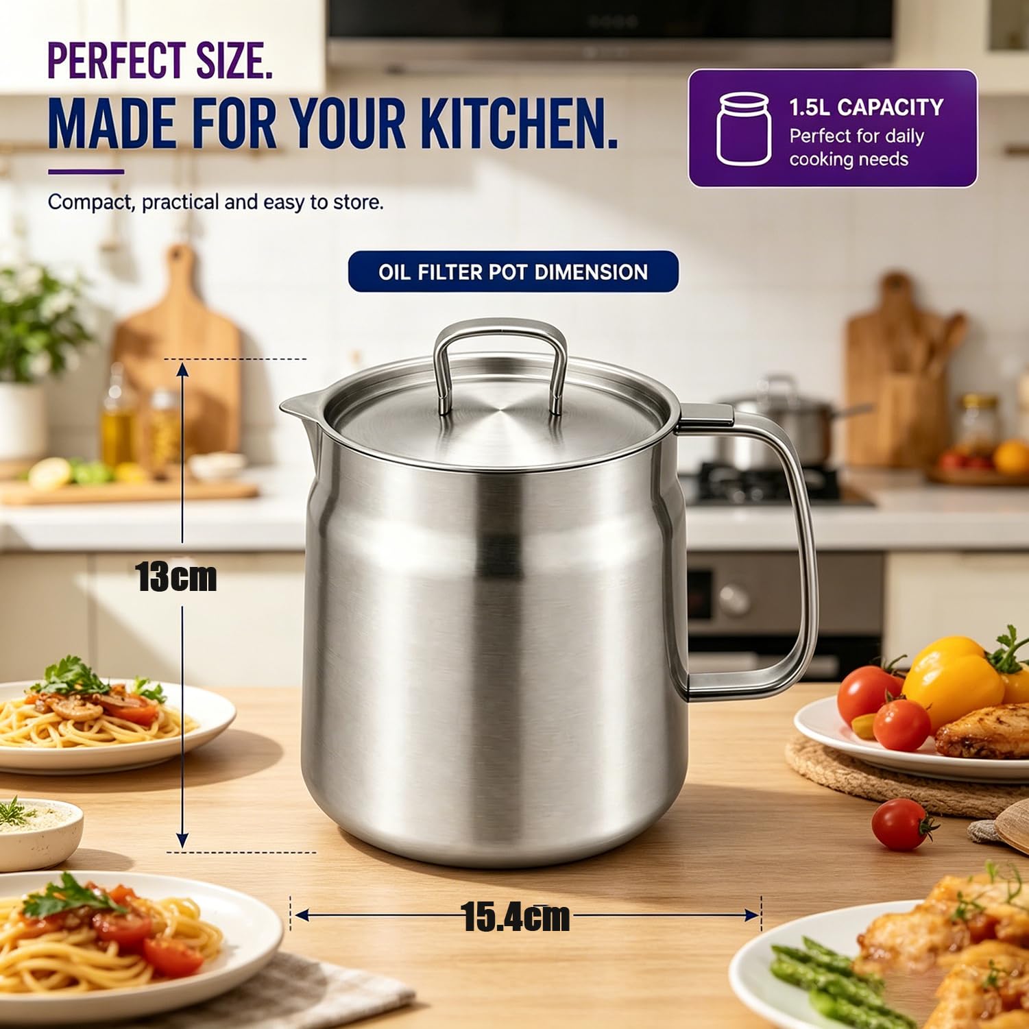 Olla coladora de aceite de acero inoxidable 304 2 en 1 con cesta para freír, recipiente multifuncional de grasa de cocina para una fácil cocción y almacenamiento (2.0L/70 onzas)