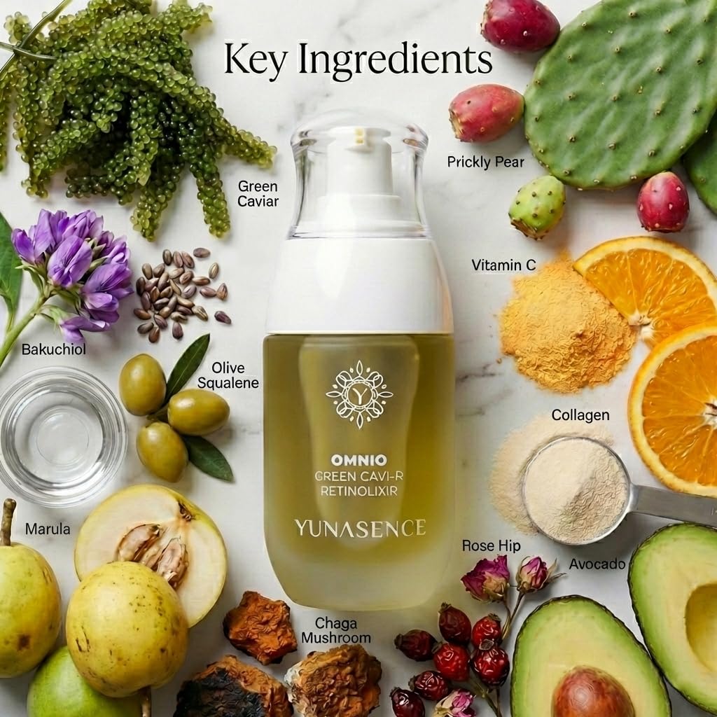 YUNASENCE OMNIO Green Cavi-R Retinolixir, w/3% Bakuchiol, Marula, Vitamin C, Chaga Mushroom. Anti Aging, Firming. Bio-Retinol.