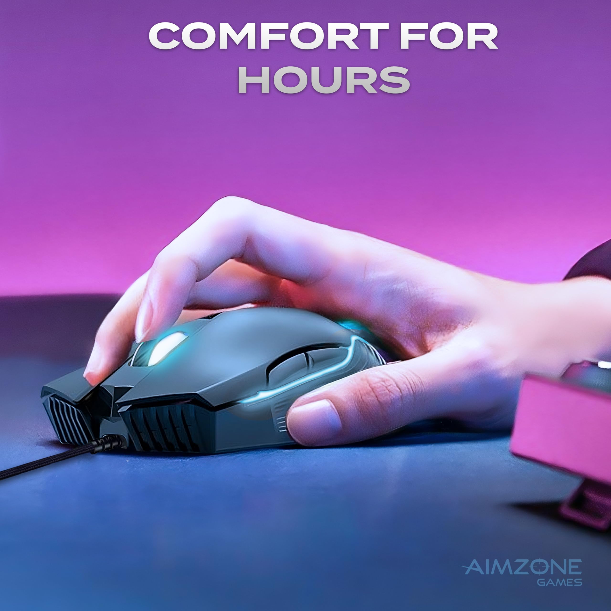 Aimzone - Ratón para juegos con cable LED, ratones con cable, DPI ajustable hasta 6400, ergonómico, 7 botones programables, totalmente compatible, ratón negro para jugadores con luz