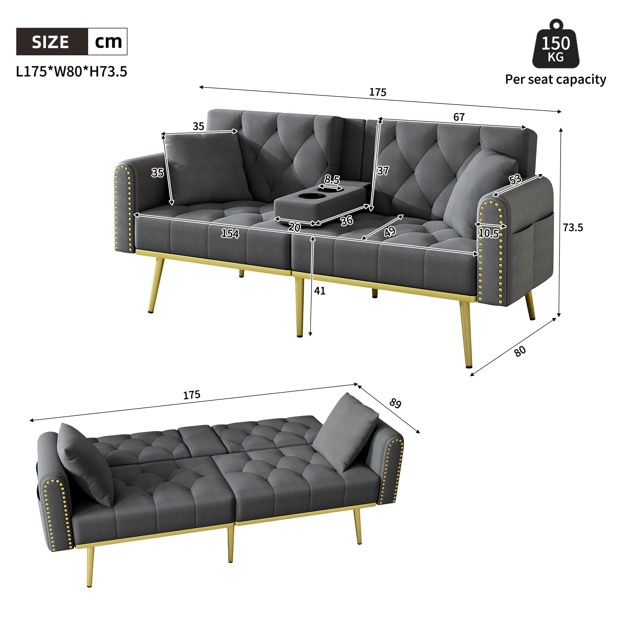 Schlafsofa 2 Sitzer mit Schlaffunktion, Schlafcouch 2-in-1 verstellbare, DREI verstellbare Neigungswinkel und Getränkehalter, Geeignet für Wohnzimmer, Gästezimmer aus Samt, Grau