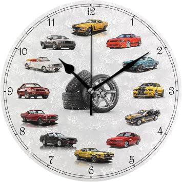 Cars Round Wall Clock Silent Non Ticking Bathroom Clocks 10 Inch Battery Operated Clock for Kitchen Living Room Bedroom Home Decor