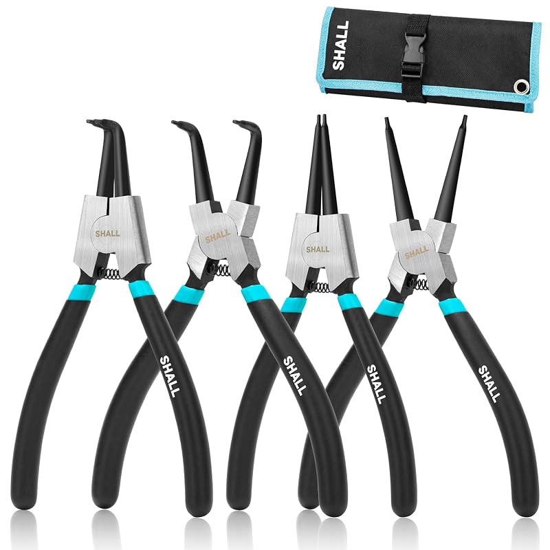 SHALL Kit de Alicates para Anéis de Retenção com 4 Peças, Internos e Externos de 17,8 cm, Pontas Retas e Anguladas de 90°, 2,0 mm, com Bolsa