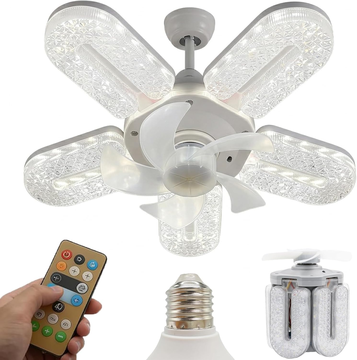 Crystal-Effect LED 5-Blade LED Fan Light, 12 In Dimmable Chandelier Ceiling Fan with Remote Control & E27 Socket, 3-Speed Quiet Small Flush Fandelier for Bedroom Living Room Dining Room (1Pc)