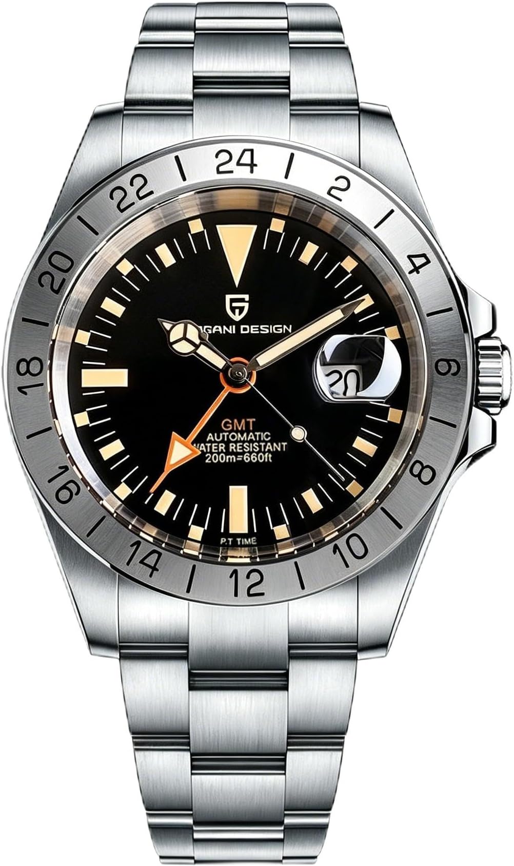 Pagani Design Herren-Armbanduhr, automatisch, mechanisch, GMT, 42 mm, Sport, wasserdicht, Edelstahl, Saphirglas