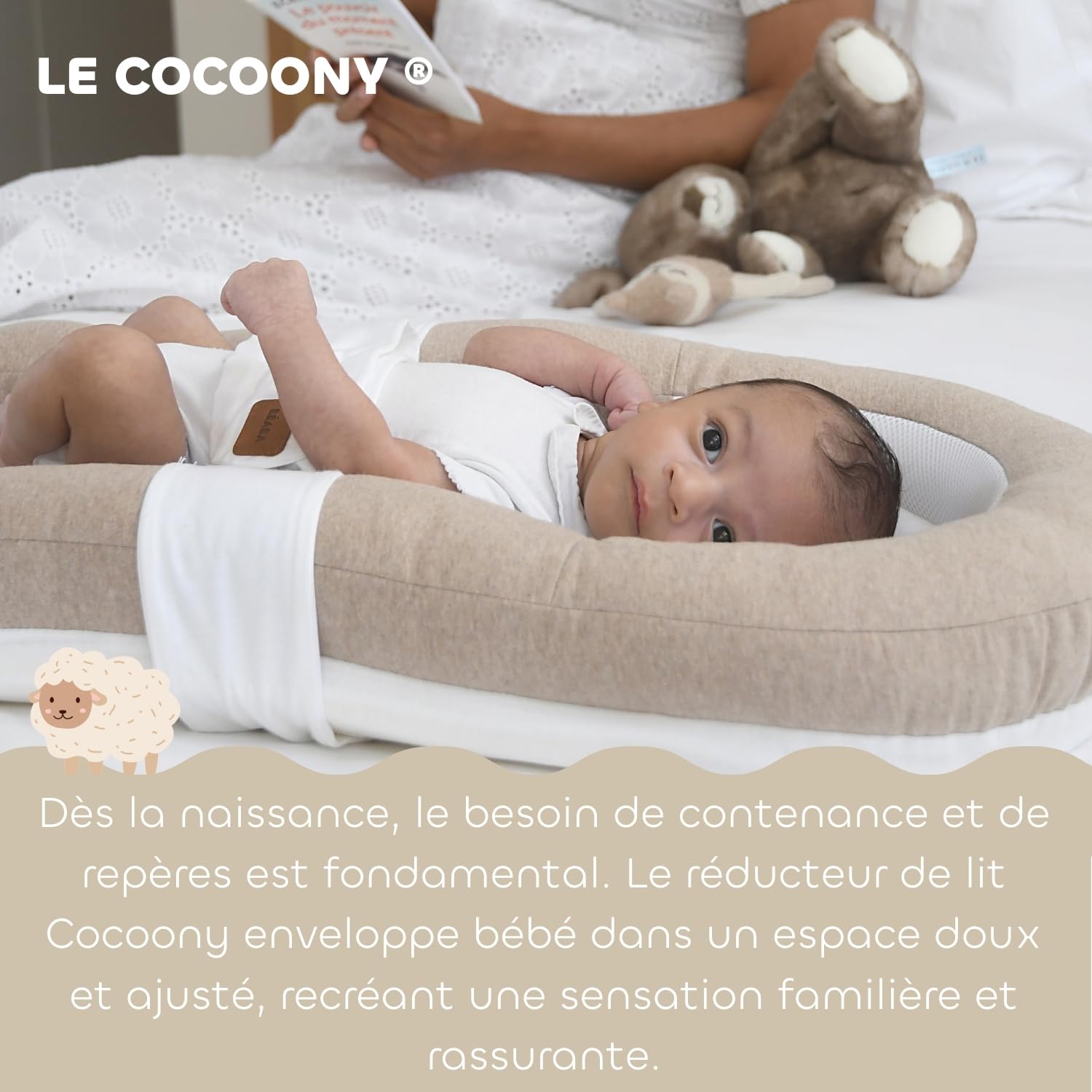 BÉABA, Cocoony Réducteur de Lit Bébé, Dès la Naissance, Cocon Apaisant et Respirant, Ceinture de Sécurité, Maintien sur le Dos, Textile Ultra Doux 100% Coton, Déhoussable, Lavable, Certifié Oeko-Tex