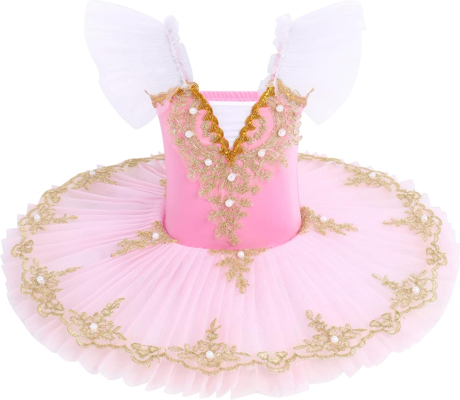Ballet Leotard for Girls Kids Short Sleeve Lace Pearl Embroidered Tulle Tutu Skirt Ballerina Dance Swan Lake Costume