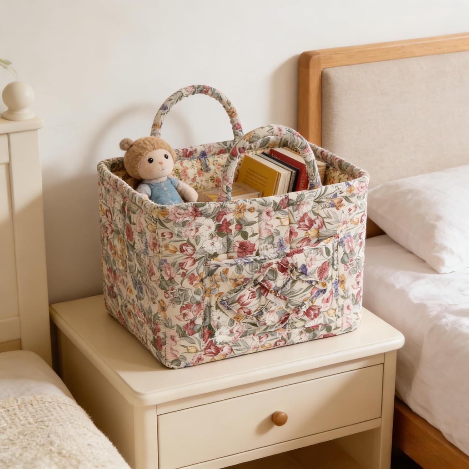 Quilted Laundry Basket with Handles - Multi-Purpose Fabric Storage Basket，Boho Fabric Storage Baskets with Handles for Car, Home & Nursery - Collapsible Square Organizer (multicolor)