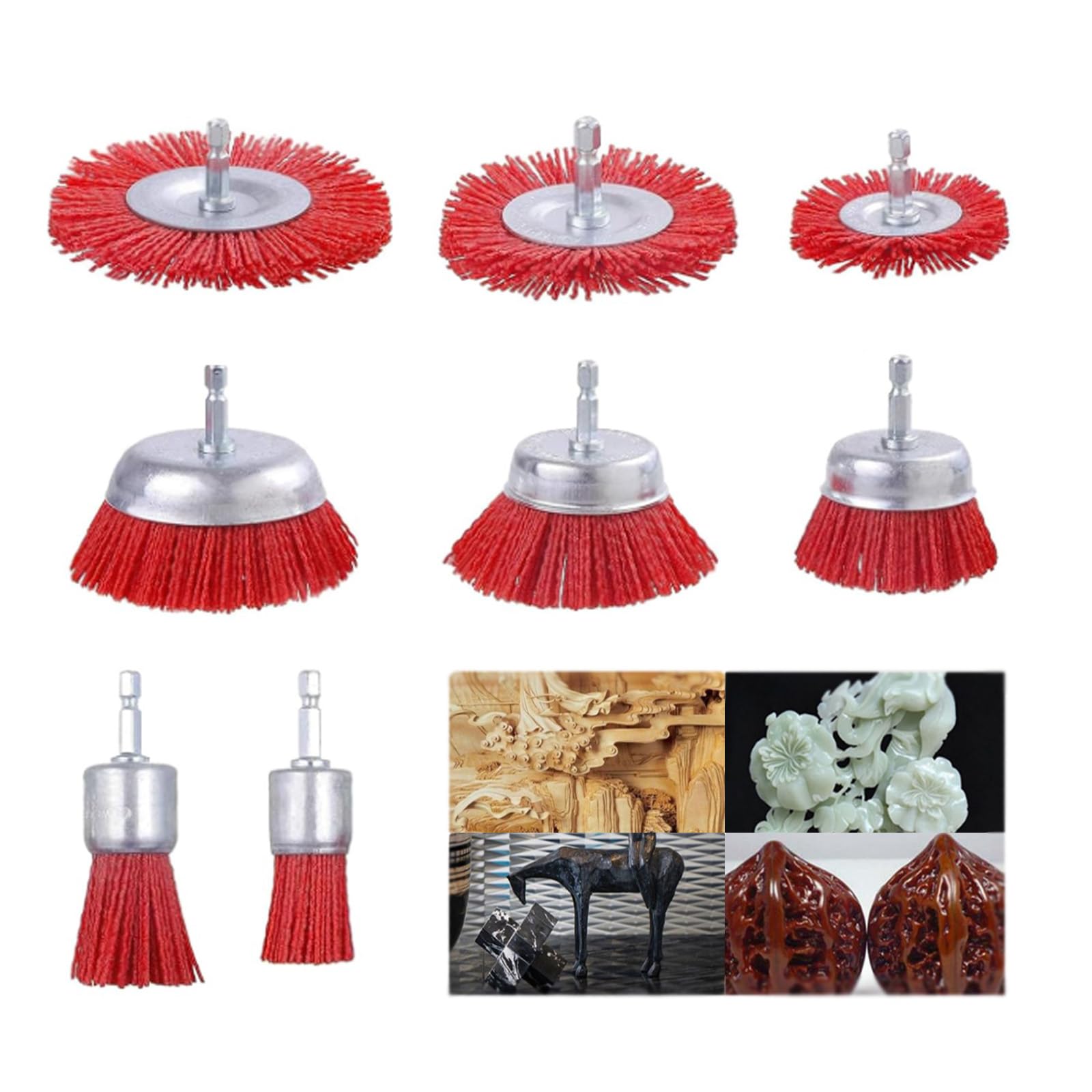 8 Nylon Drill Brushes, Nylon Wire Brush Set with 1/4 Inch Hex Shank, Nylon Wire Drill Brush, Stainless Steel, Safe and Durable, Red