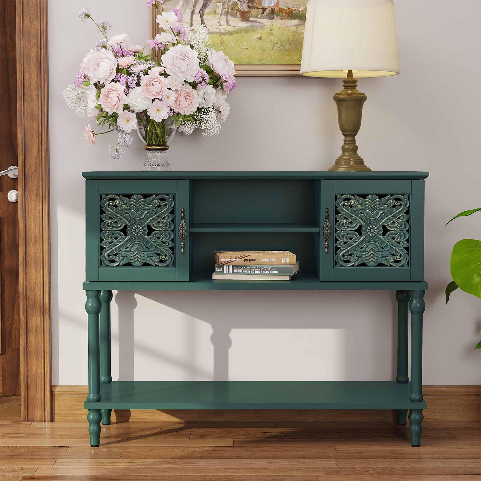 HOLTICO Mesa Consola,Mesa Auxiliar,con Almacenamiento,con 2 armarios de Estilo clásico,Compartimentos Abiertos,Patas de Madera Maciza,para salón,Entrada,Pasillo,107x36x86 cm,Verde