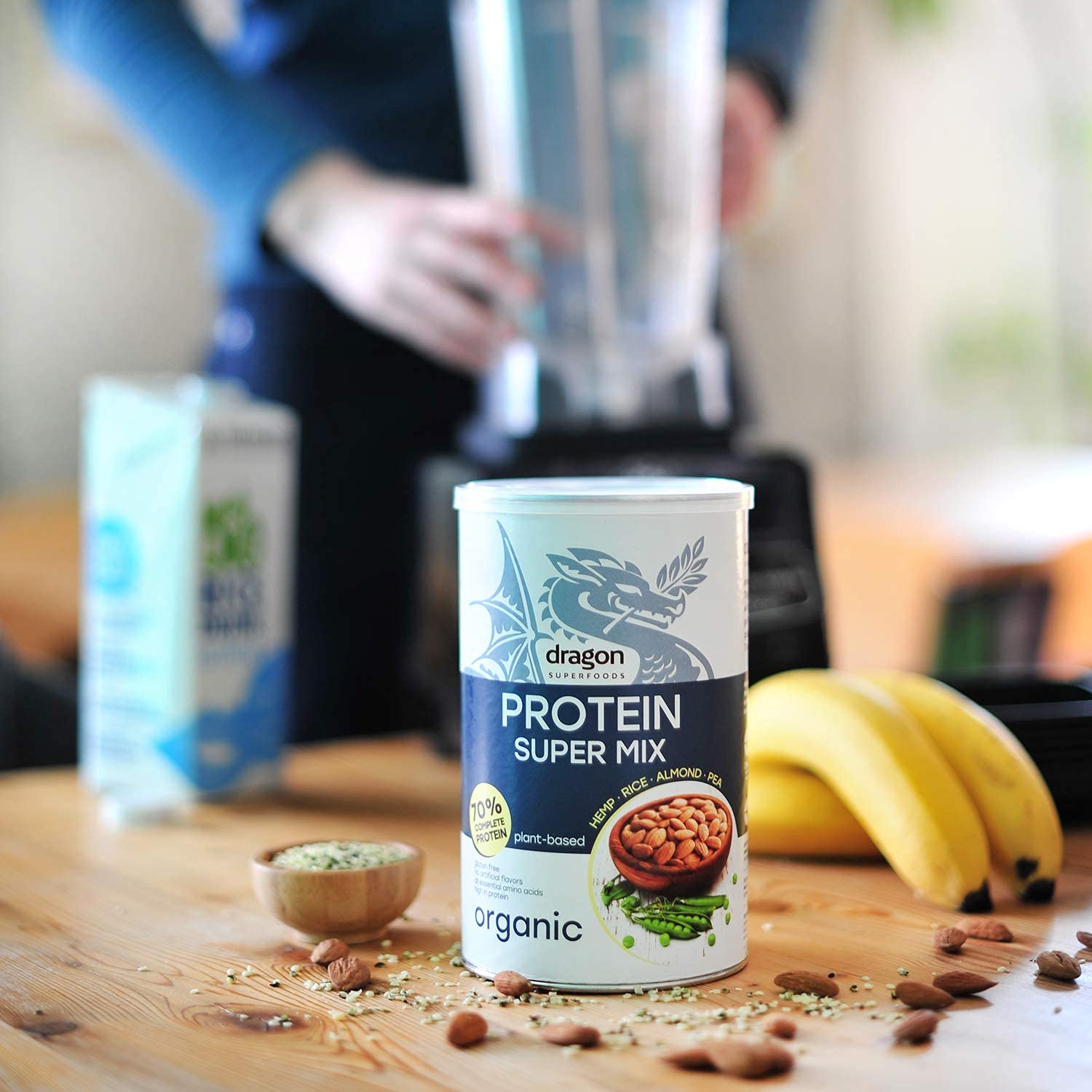 Dragon Superfoods Super Mix Protein Powder for Optimum Nutrition. Rice, Pea, Hemp, Almond Protein Mix - 100% Bio Organic, Soy and Gluten Free Vegan Protein - 500gr (30 servings).