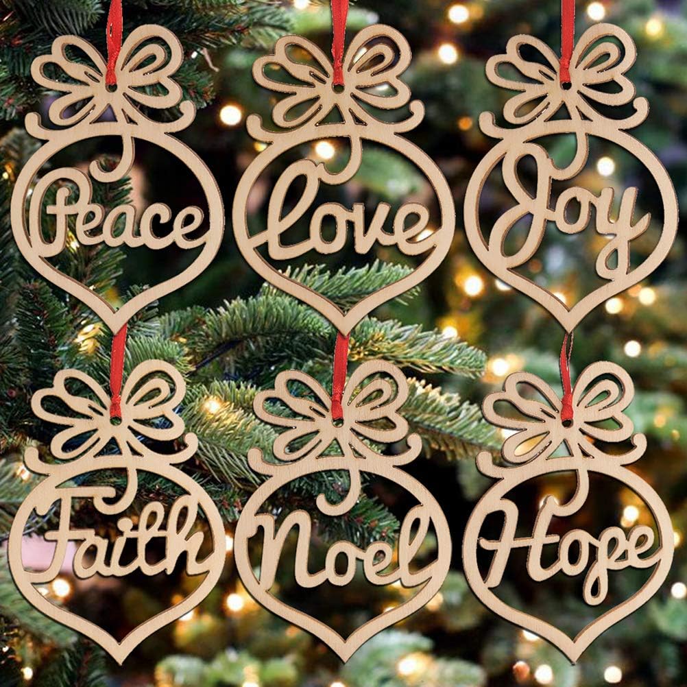 Healifty 6pcs Wooden Christmas Tree Decorations Ornaments Hanging Hollow out Heart Peace Love Joy Faith Noel Hope Christmas Craft Embellishments - Image 5