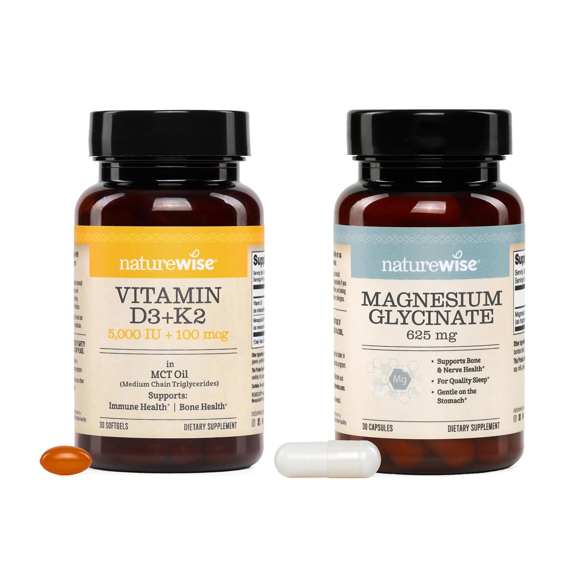NatureWise Vegan Vitamin D3 5000IU + K2 with Organic Coconut MCT Oil - USA Manufactured - 30 Softgels[30-Day Supply] Magnesium Glycinate 625 mg - Vegan - 30 Cap