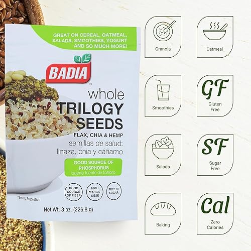 Miniatura 3 de Badia Trilogy Health Semillas, lino, chía, mezcla de semillas de cáñamo, 8 onzas  Mezcla de superalimentos con alto contenido de fibra, omega-3