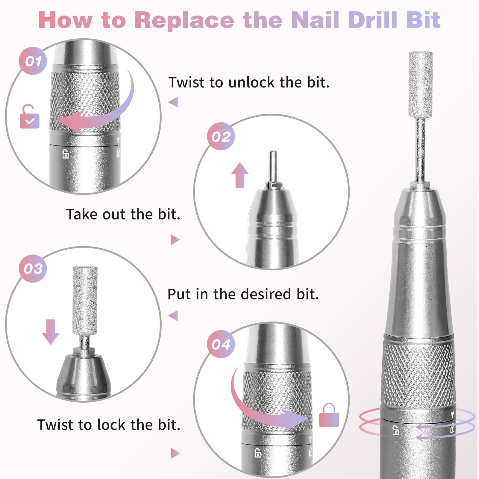 Perceuse à ongles électrique professionnelle, 40 000 tr/min, lime à ongles rechargeable sans fil avec moteur silencieux sans balais, perceuse à ongles électronique portable et embouts pour enlever le
