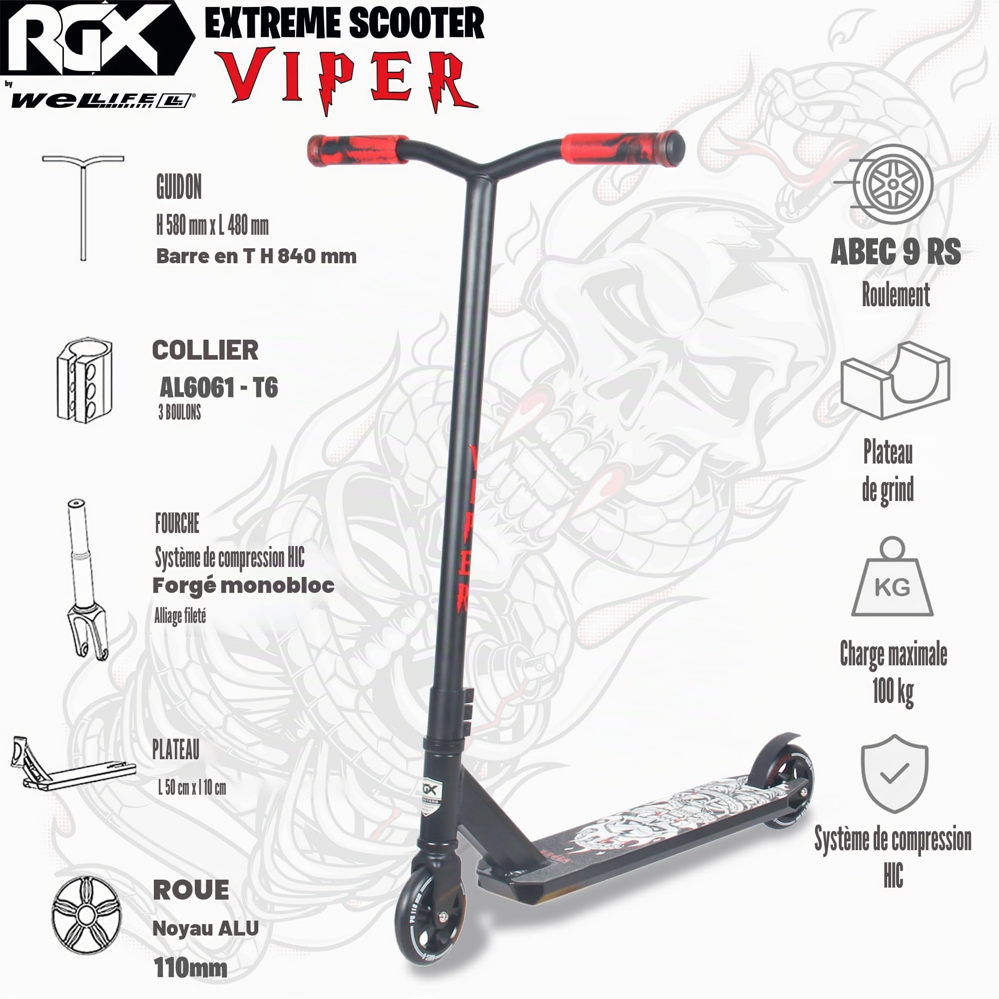 WeLLIFE Viper Trottinette de freestyle, avec système de connexion HIC, roues en polyuréthane de 110 mm avec jante en aluminium, roulements à billes ABEC 9RS, guidon à rotation à 360°, plateforme renforcée pour enfants/adultes