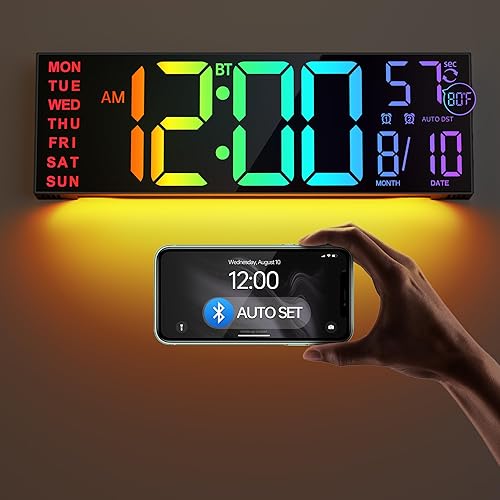 JALL Reloj de pared digital grande de 16.2 pulgadas con segundos, sincronización Bluetooth, alarma LED grande, color RGB, temperatura DST para aula,