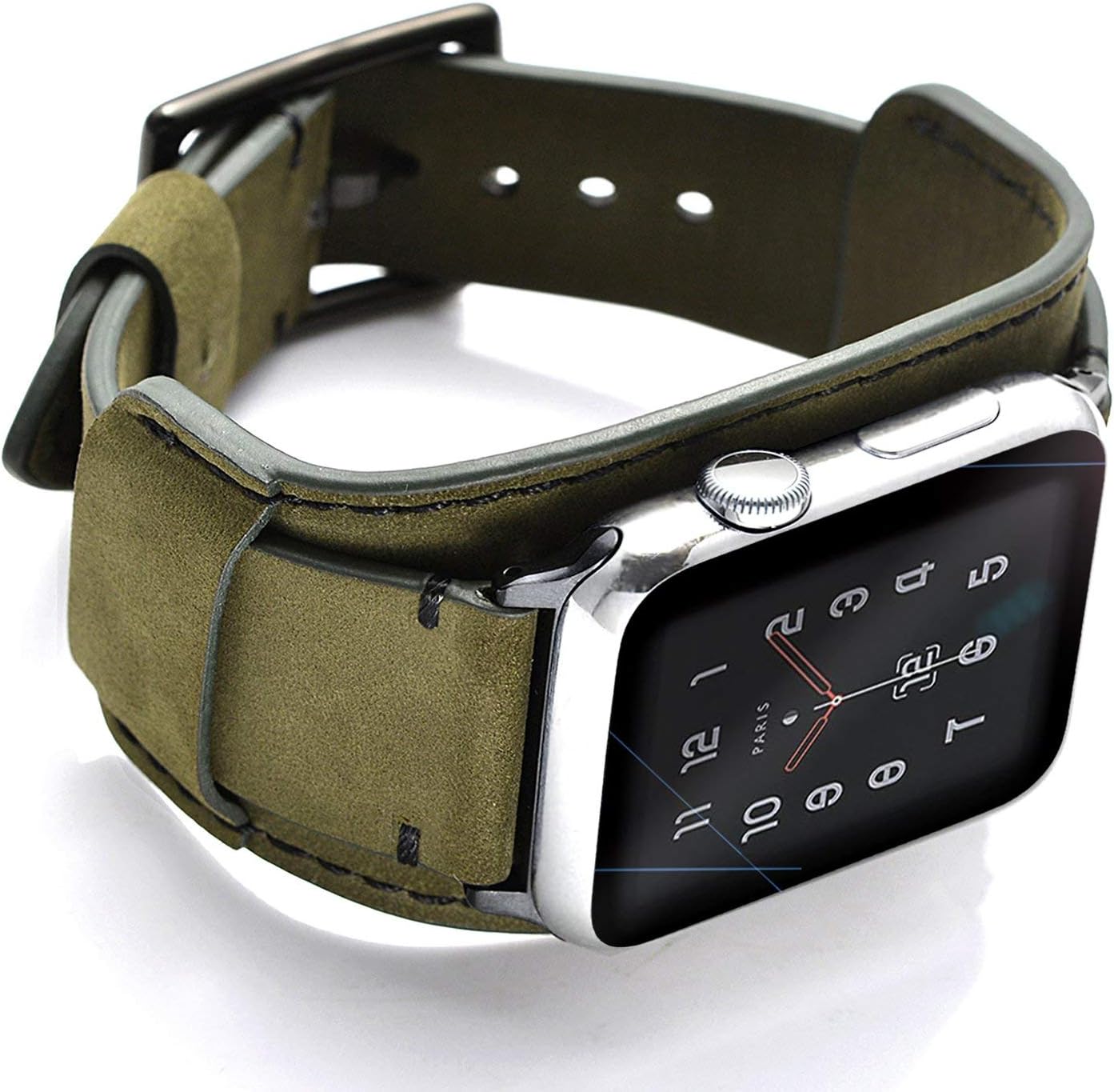 Compatible with Apple Watch Band 42mm(Series 10) 41mm 40mm 38mm Genuine Leather Compatible iwatch Bracelet Wrist Strap Compatible Apple Watch Series 10/9/8/7/6/5/4/3/2/1 SE SE2(Cuff Army Green)