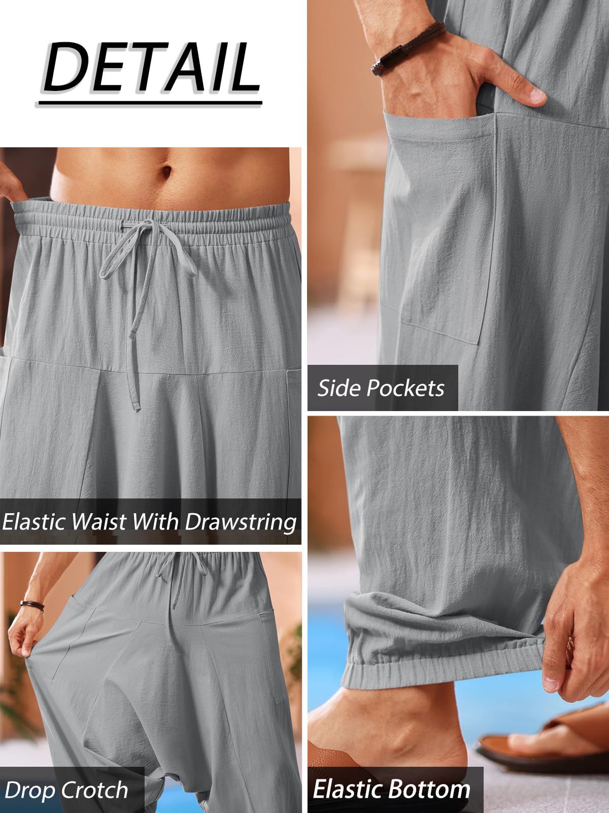 Runcati Pantalon sarouel baggy hippie décontracté en lin pour homme - Pantalon de yoga - Pantalon de plage