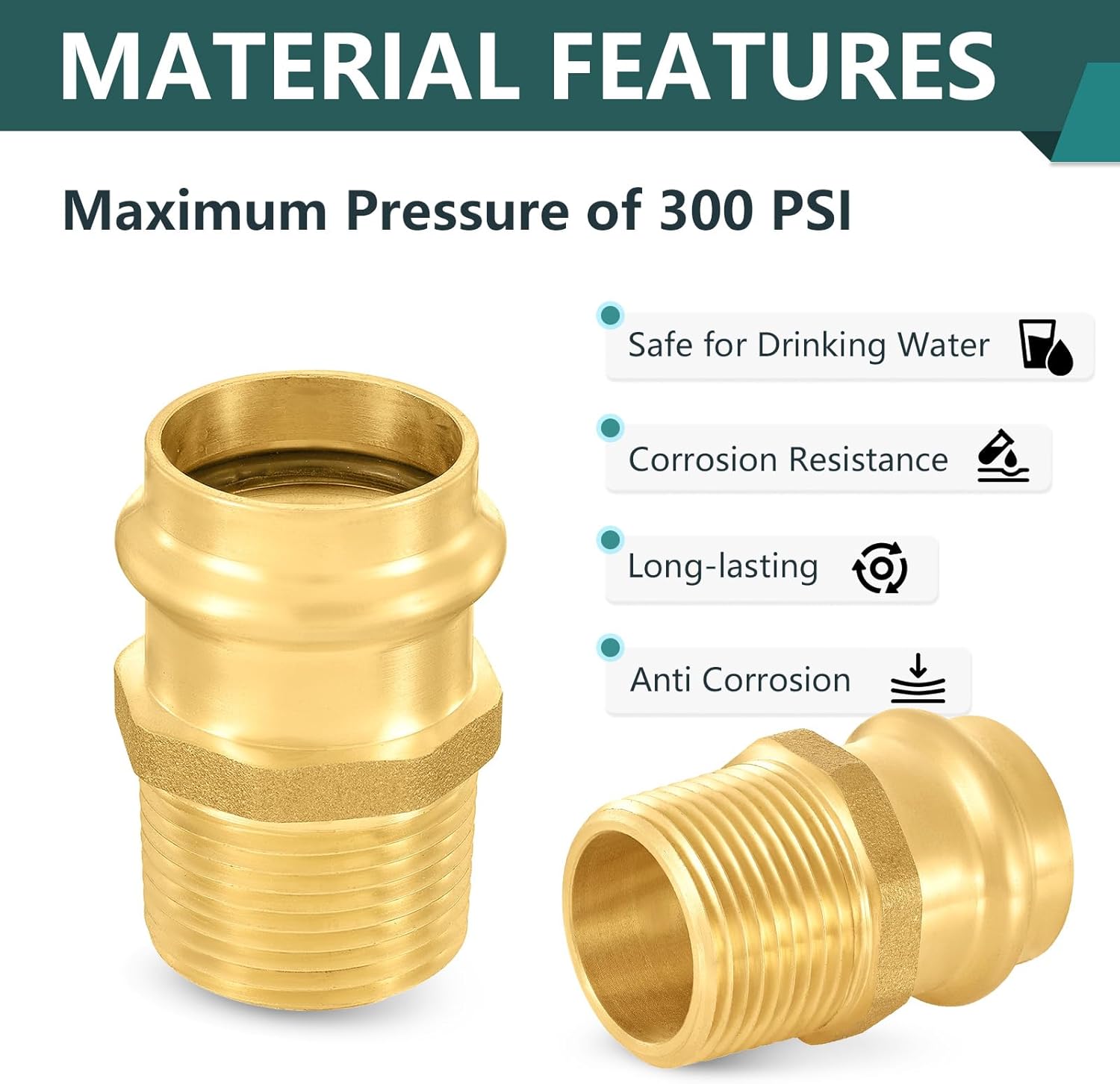 5-Pack Niikappu 1" Copper Press X 1" Male NPT Adapter, Brass Press Fitting Adapter Connector for Copper and Pex Tube