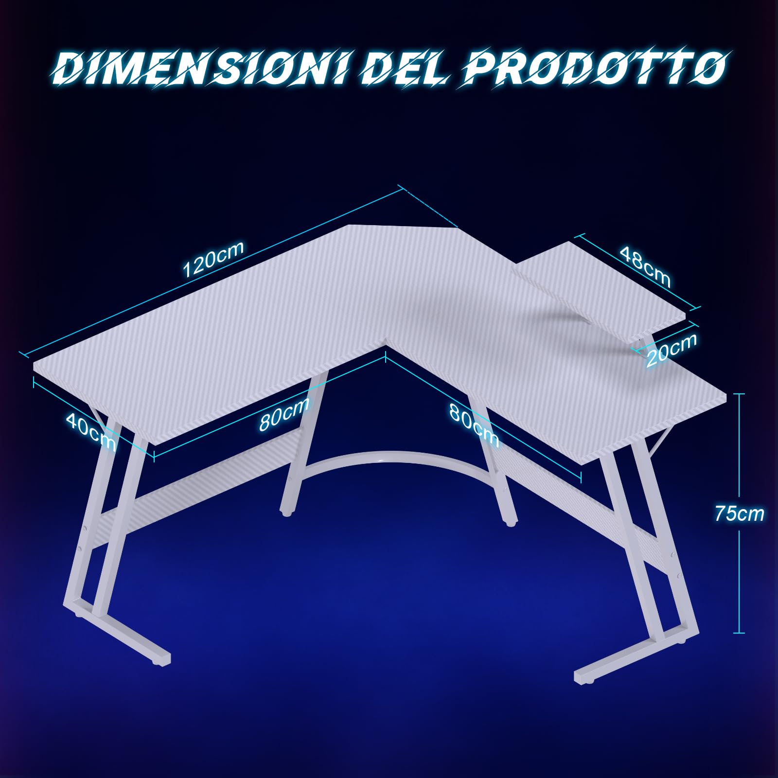 JUMMICO Scrivania Angolare, Scrivania Gaming 120x120cm - Tavolo da Gioco a L con Supporto Reversibile per lo Schermo - Versatile (gioco/lavoro/studio) - Rivestita in Carbonio - Bianco