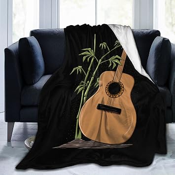 Japanese Style Guitar and Bamboo Throw Blanket 40"x30" Soft Cozy Flannel Blanket for Couch Bed