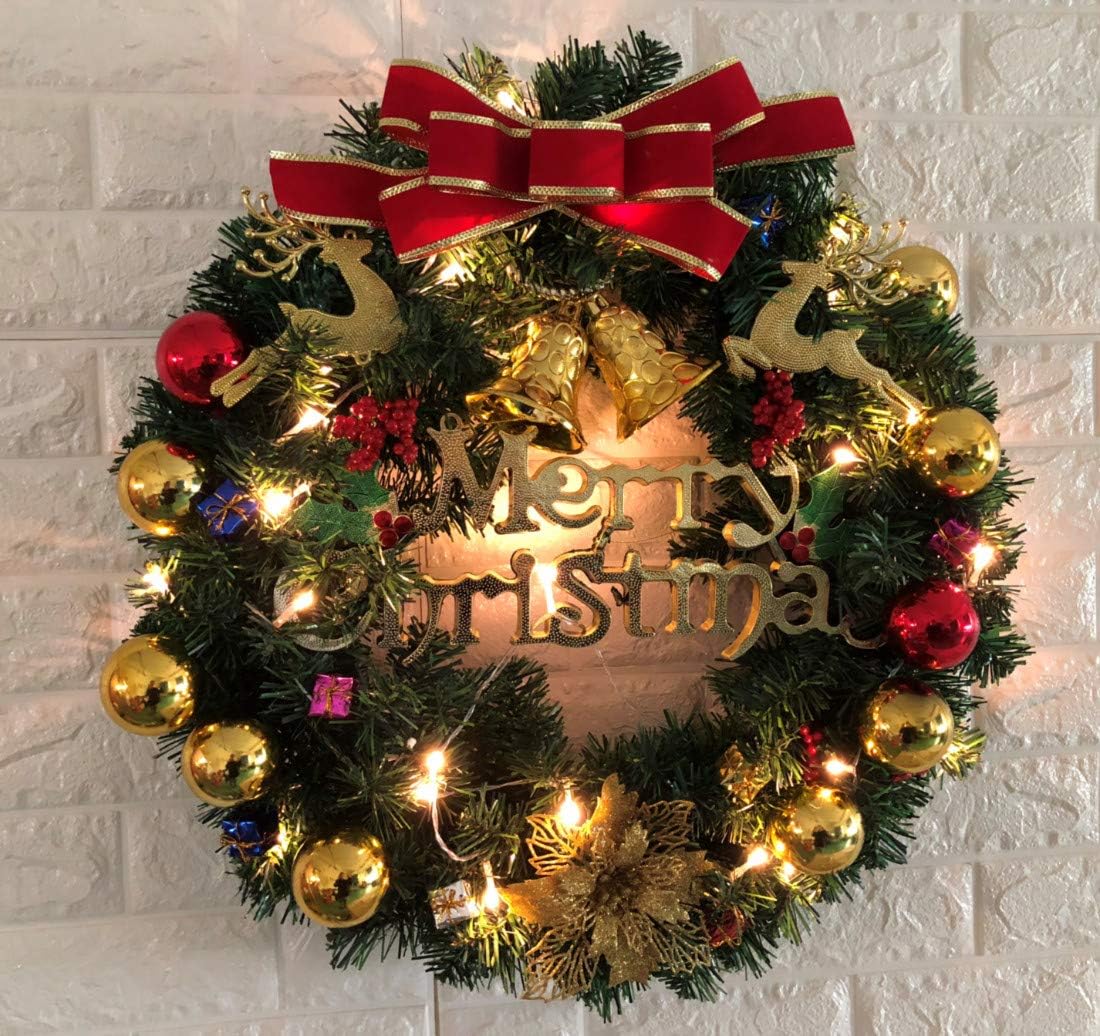 ANOTHERME 24" Luxury Red & Glod Christmas Wreath with Gold Reindeer, Flowers, Wind Bells, Balls and 50 LED Lights, Christmas Garland, Artificial Xmas Pine Wreath