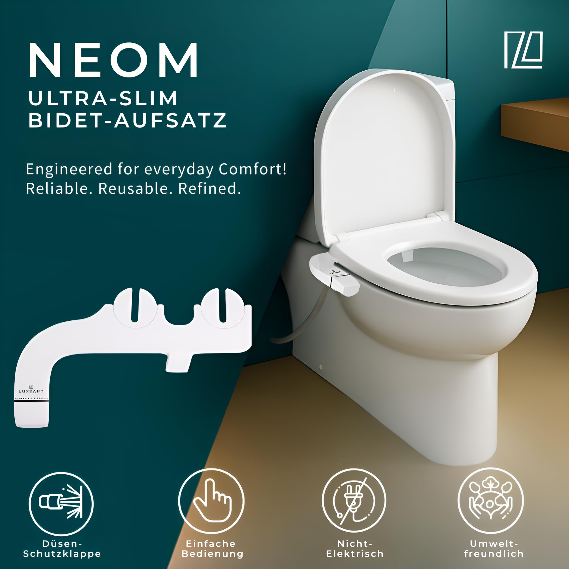 NEOM – Bidet Aufsatz für Toilette ohne Strom – Mit Selbst, Front- & Rückreinigung, verstellbarem Wasserdruck & Ultra-Slim – 120cm Flexschlauch & nachrüstbar als Taharet WC, Dusch-Wc Aufsatz