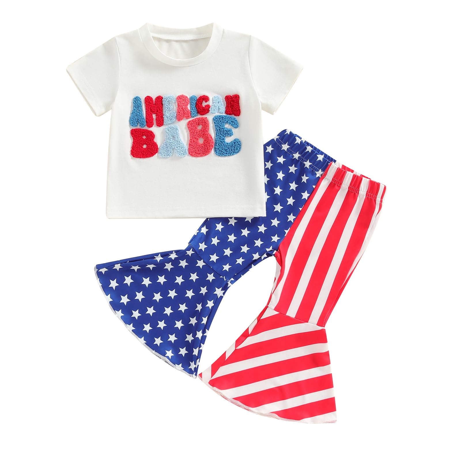 4th of july baby girl outfits american baby embroidery T-shirt striped flag bell bottoms pants toddler fourth of july clothes (American baby, 0-6M)