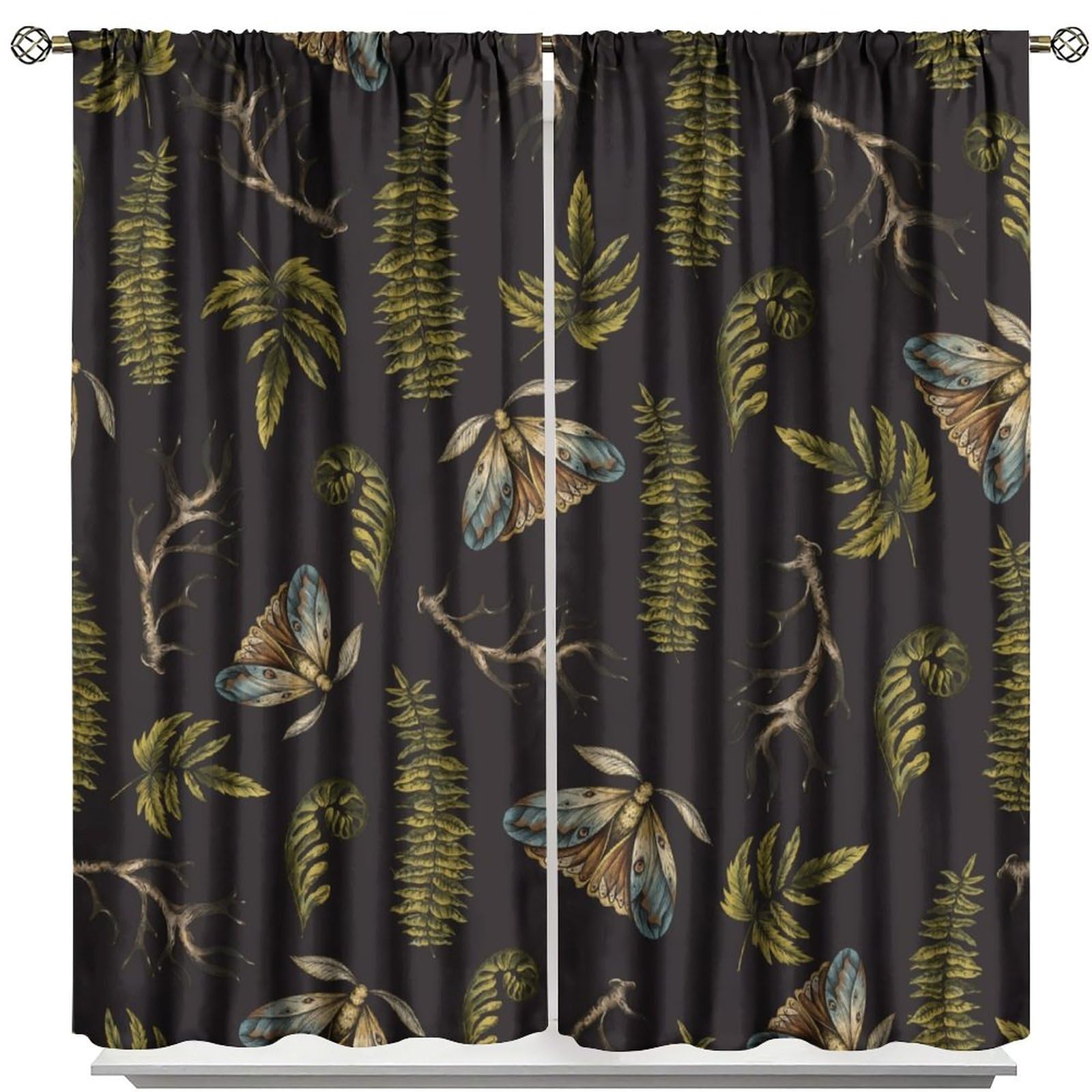Vintage Moth and Fern Curtains, Mystical Woodland Texture Forest Plant Boho Style Rod Sleeves Window Drapes for Living Room Bedroom Kitchen Decor