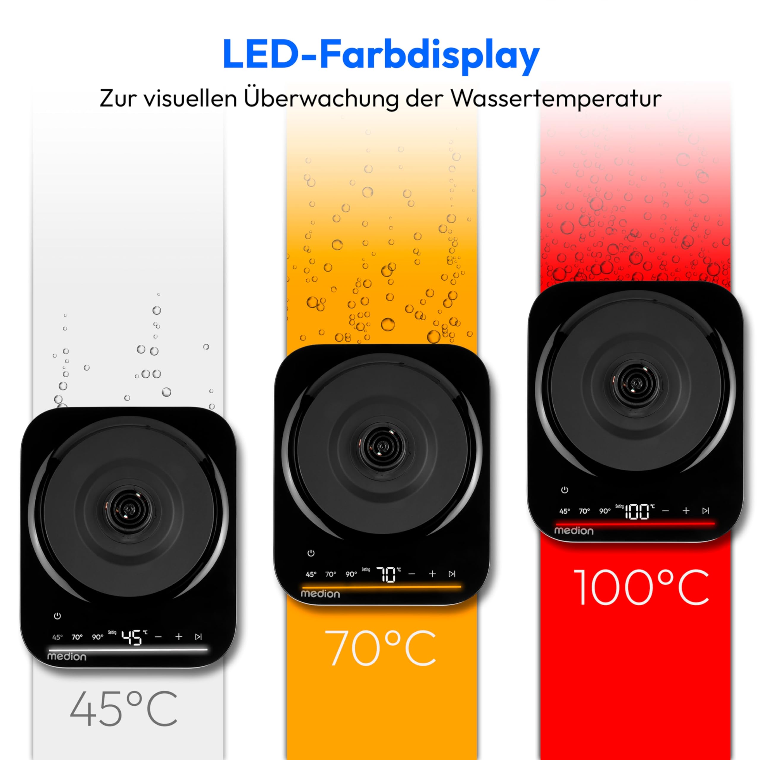 MEDION LIFE MD12106 cyfrowy czajnik elektryczny, moc 2200 W, pojemność 1,5 litra, wyświetlacz LED, paski świetlne LED, automatyczne programy, zabezpieczenie przed dziećmi, czarny
