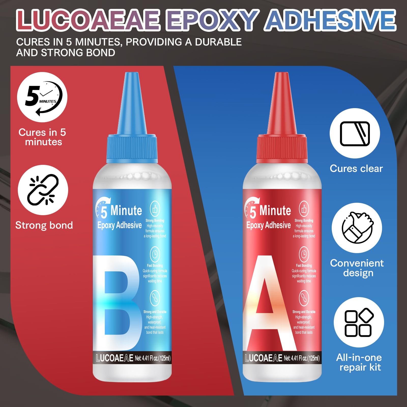2x125ml Pegamento Epoxi 2 Componentes Transparente 5 Minutos | Curado Rápido Pegamento Epoxi 2 Componentes Epoxi 2 Componentes para Metal Plástico Cerámica Madera y Más