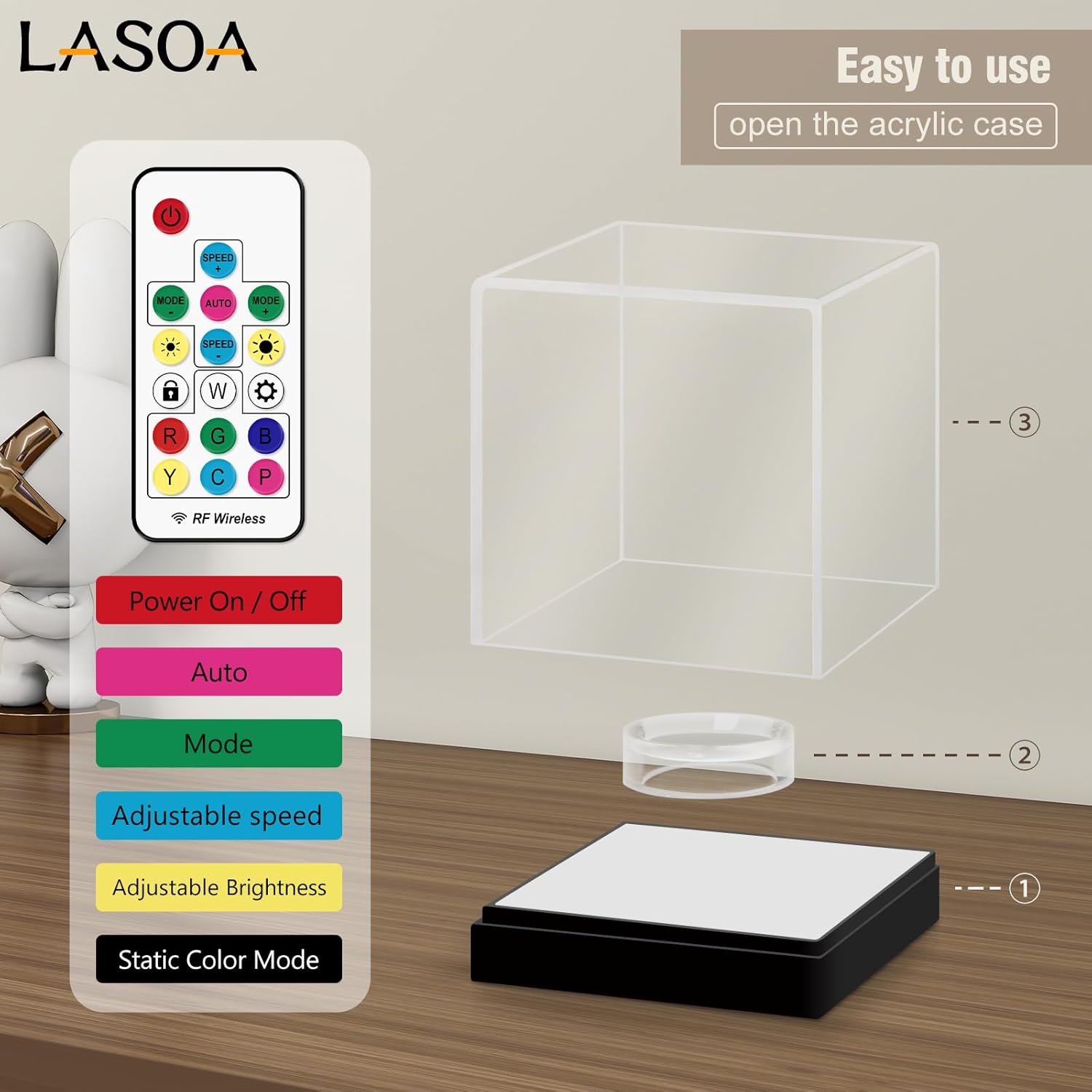 LASOA Baseball Display Case with RGBW LED Light, Acrylic Display Box for Memorabilia, UV Protection Dust Proof for Autographed Ball with Ball Stand, 4x4x4 Inch