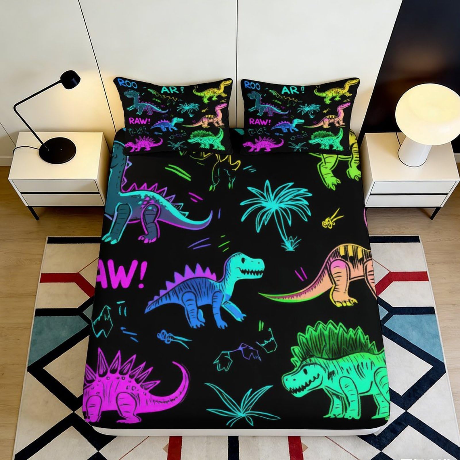 3D Printed Neon Dinosaur Fitted Sheet Microfiber Soft Breathable Palm Bed Cover for Bedroom Guest Room Decor 90x200x25cm