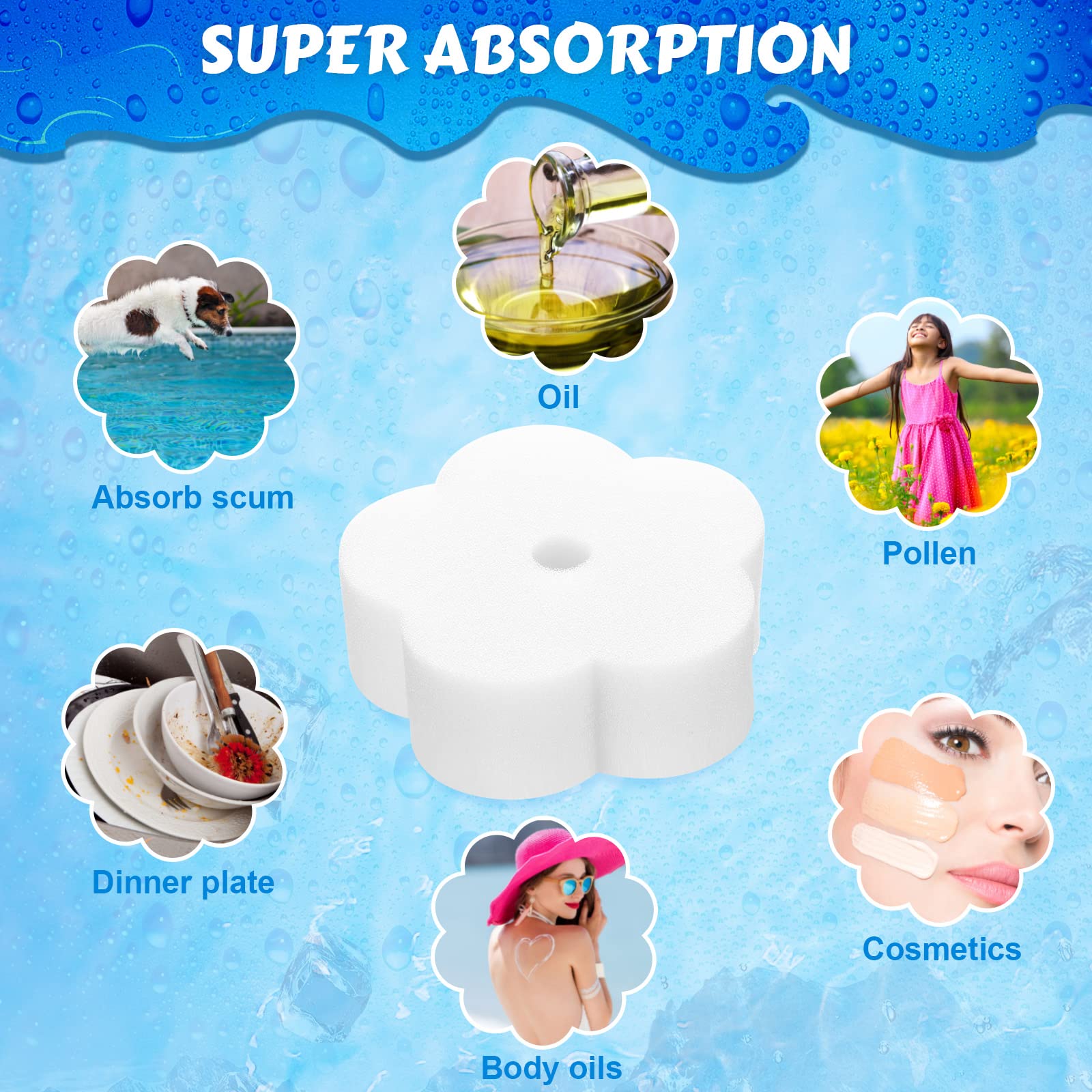 40 Pièces Éponges de Bain à Remous Éponge Absorbante d'Huile pour Bain à Remous Absorbeur d'Écume de Piscine Spa Accessoires de Nettoyage （Style Fleuron）