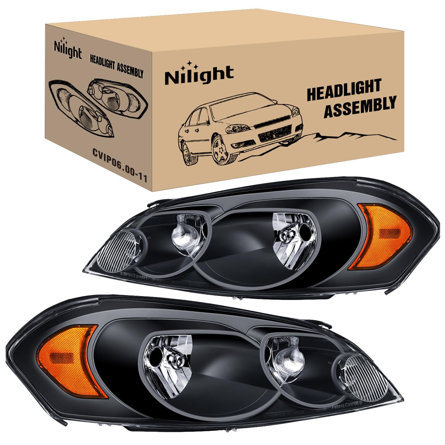 Nilight Headlight Assembly Black Housing Amber Reflector