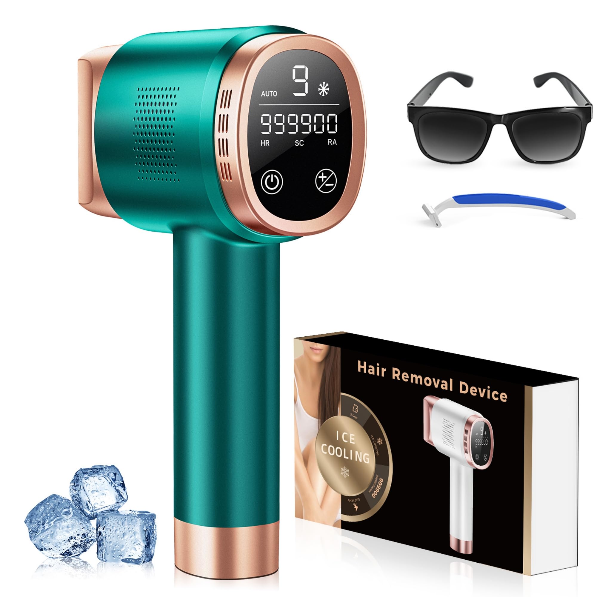 21J Laser Epilator with Cooling Function, 600-1200NM Pulsed Light Epilator with 9 Energy Levels, LCD Touch Screen for Women and Men, Bikini, Armpits, Face, Body Green