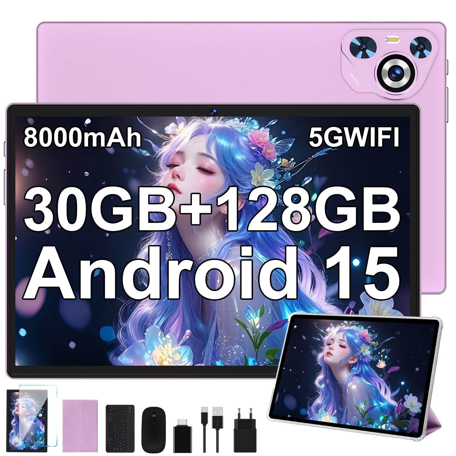 Tablet 10 Pollici Android 15, 30GB RAM+128GB ROM+2TB TF, 8-Core,FHD IPS,8000mAh,USB-C, Wi-Fi 5G, BT5.0, 5MP+8MP, Touch Screen,Facial ID,Tablets con Custodia Protettiva, Mouse, Tastiera-Viola Lilla
