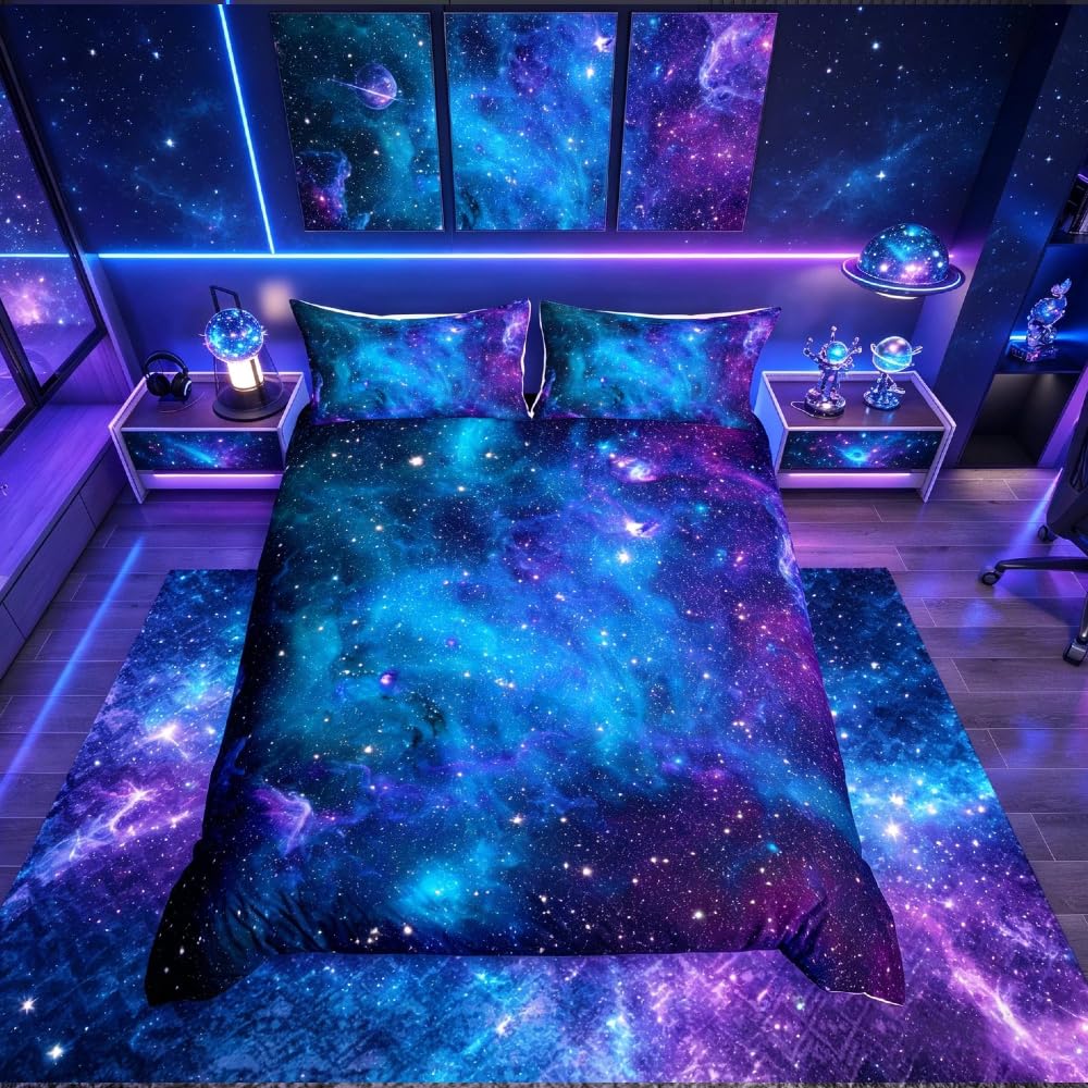 Homemissing Galaxy Bedding Set Single,Girls Boys Kids Bedding & Linen,Outer Space Duvet Cover Galaxy Stars in Space Celestial Astronomic Planets Bedclothes Blue Purple