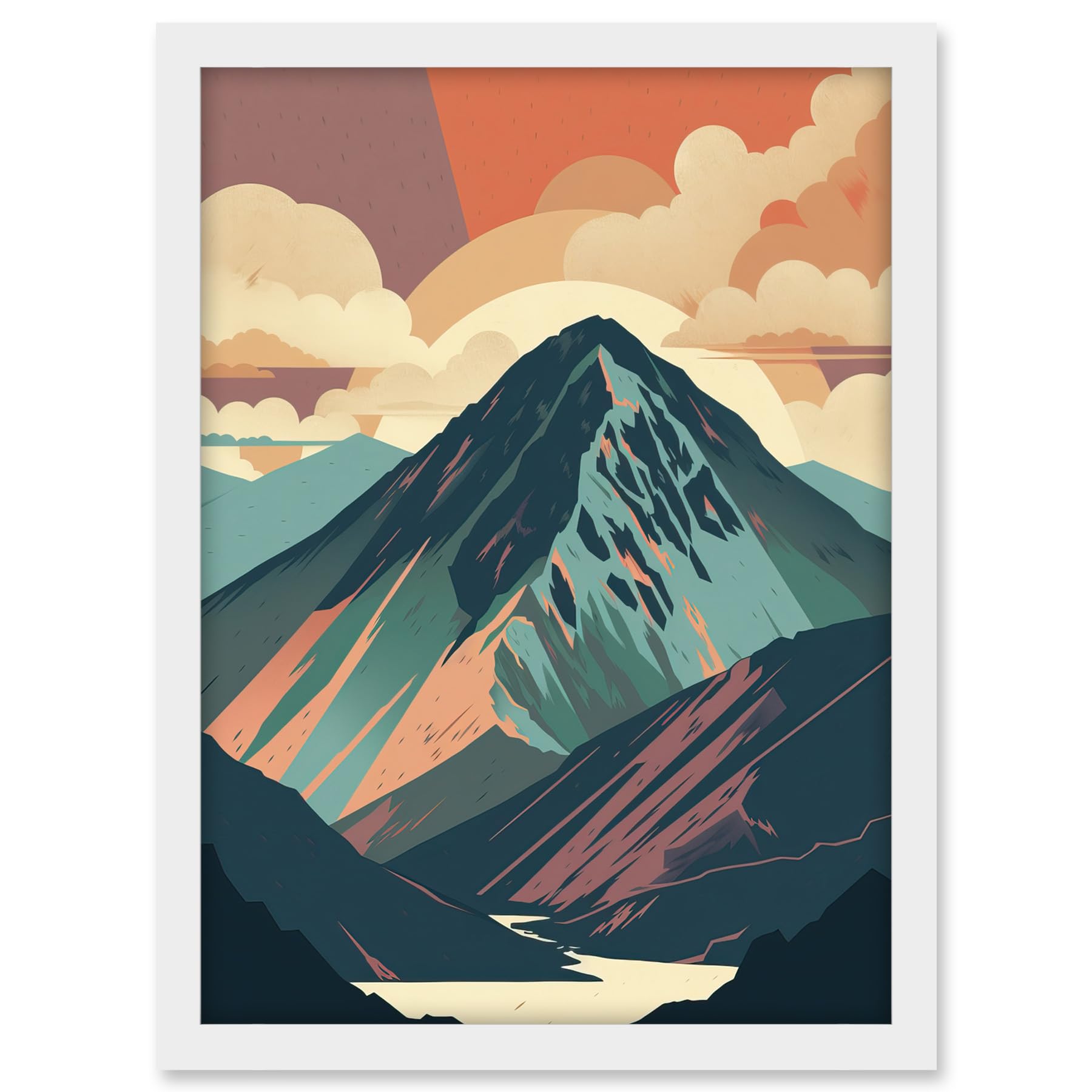 Artery8 Mountain Hill Sunrise Boho Landscape Illustration Artwork Framed A3 Wall Art Print