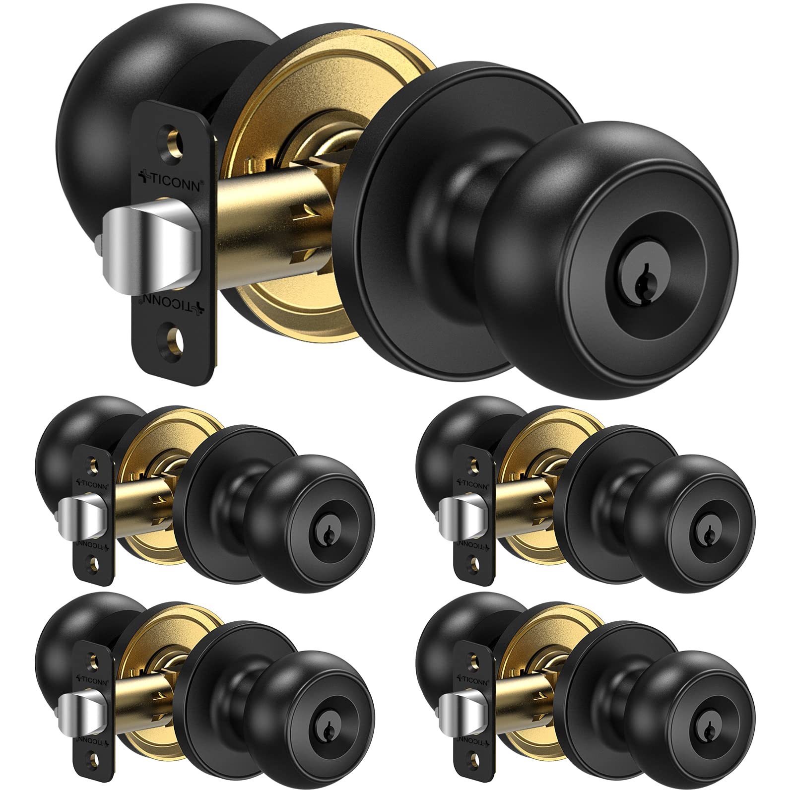 TICONN 5 Pack Matte Black Door Knobs, Colonial Style Door Knob for Entrance, Bedroom, Bathroom and Closet (Keyed Entry - Keyed Alike, 5 Pack)
