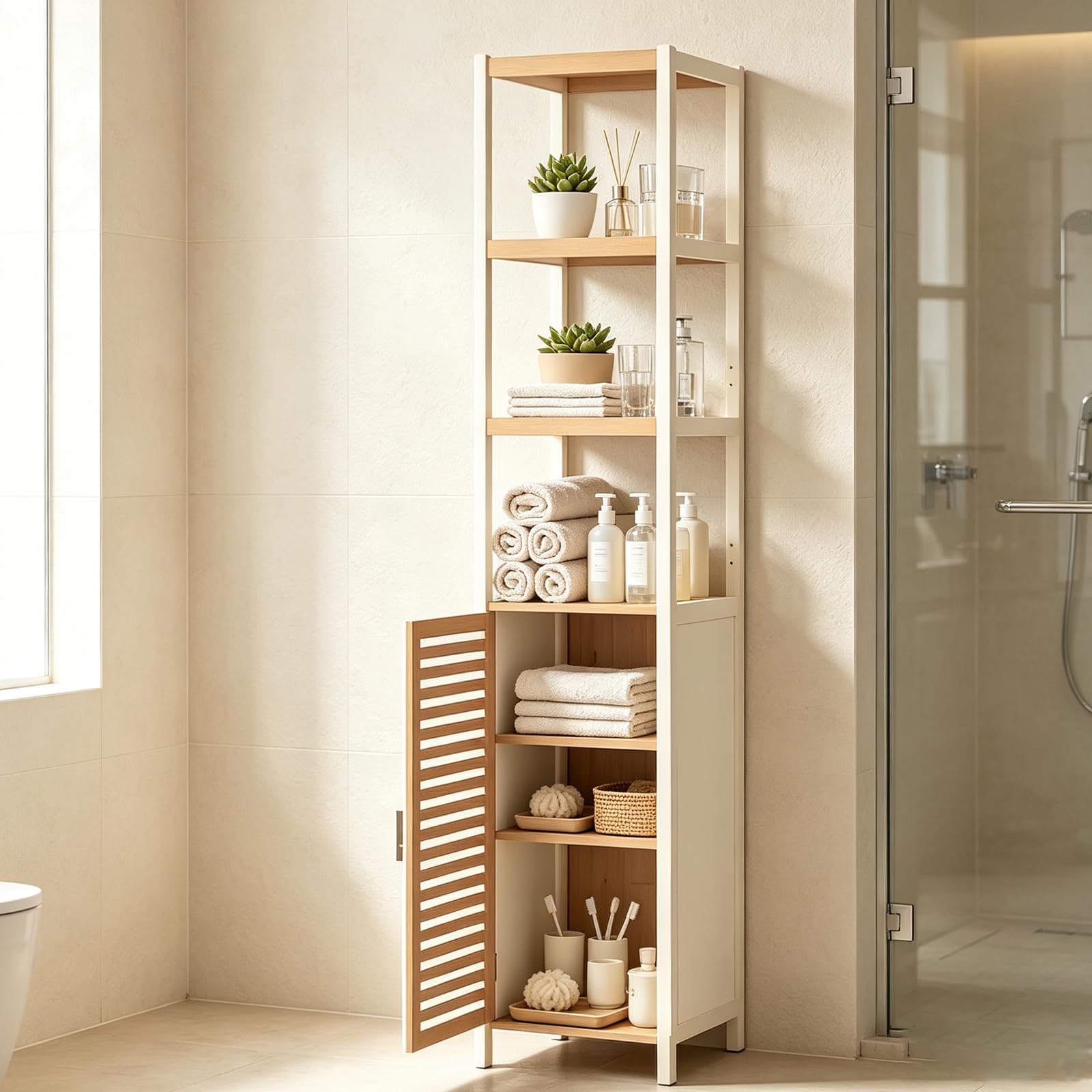 Badezimmerhochschrank, Badregal Bambus, Handtuch Schrank, Badschrank Schmal Hoch mit 1 Tür, Bathroom Storage Cabinet, Toilettenschrank für Badezimmer, Flur, Küche, Wohnzimmer