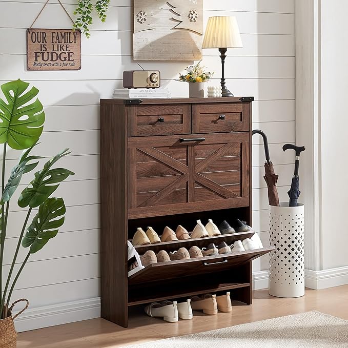 Shoe Cabinet Storage for Entryway, Farmhouse Hidden Shoe Organizer with 2 Flip Drawers & 2 Drawers,Narrow Shoe Rack for Front Door Entrance with Adjustable Shelves (Antique White)