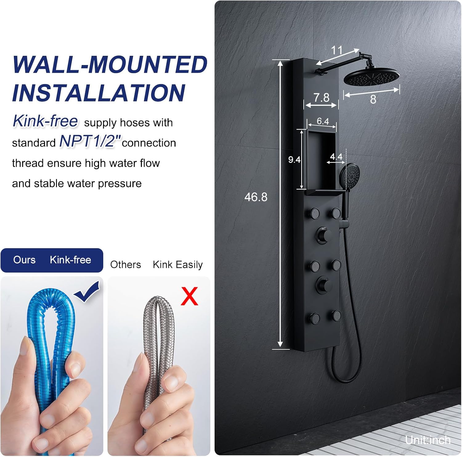ROVATE Shower Panel Tower System with Shelf, Adjustable Shower Arm, Matte Black Shower Tower with 6 Body Jets, Self-Cleaning Rainfall Shower Head & Handheld, Powerful Shower Column Stainless Steel