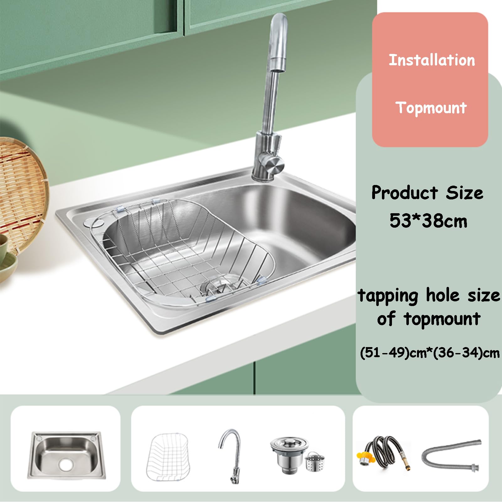 Fregadero de acero inoxidable, fregadero de cocina cuadrado de un solo seno con cesta coladora y grifo de agua fría y caliente, lavabo empotrado/sobre encimera para el hogar, la cocina y el jardín.