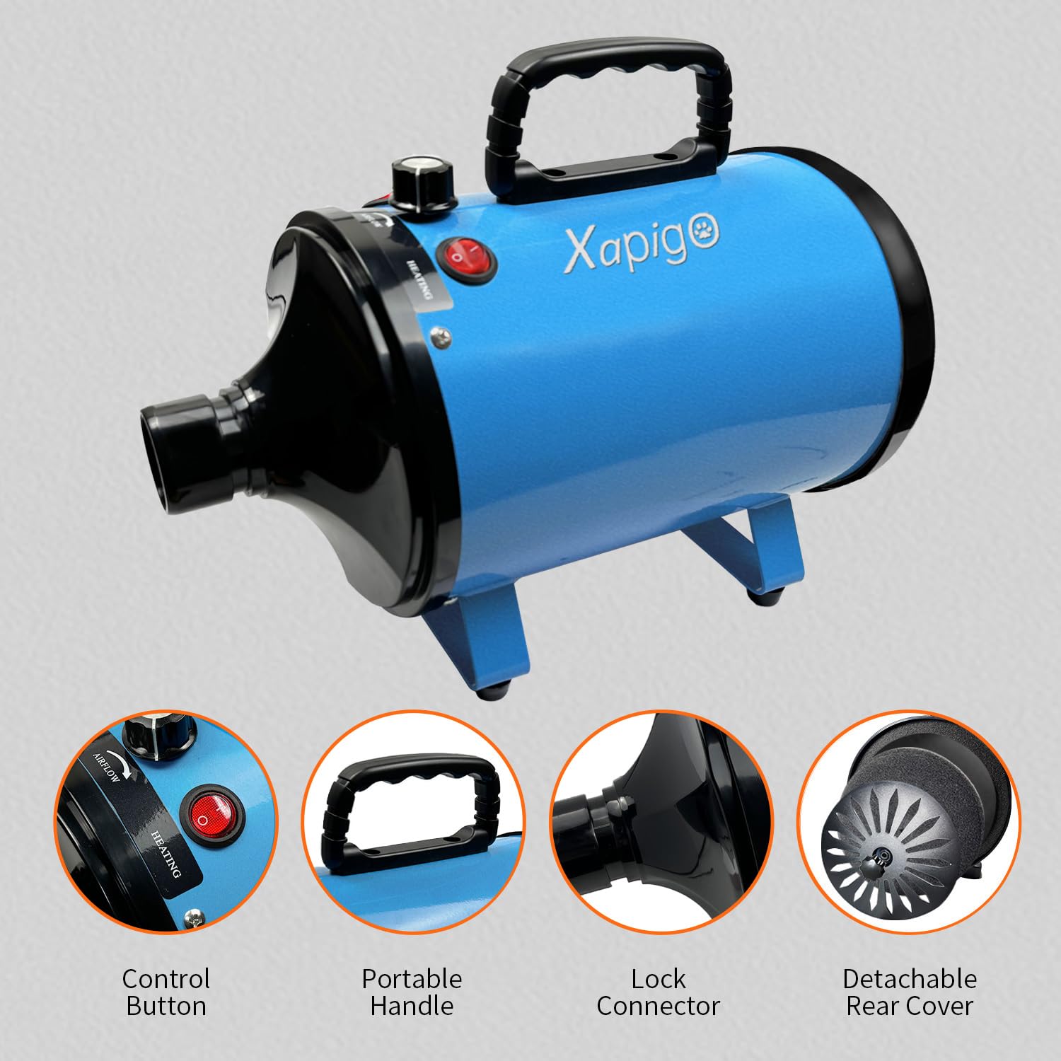 Asciugatore per Cani e Gatti - Phon per Animali Domestici,3 Livelli di Temperatura, 2 Velocità, Basso Rumore, Leggero e Portatile, Ideale per Toelettatura Professionale e Casalinga (blu metallico)