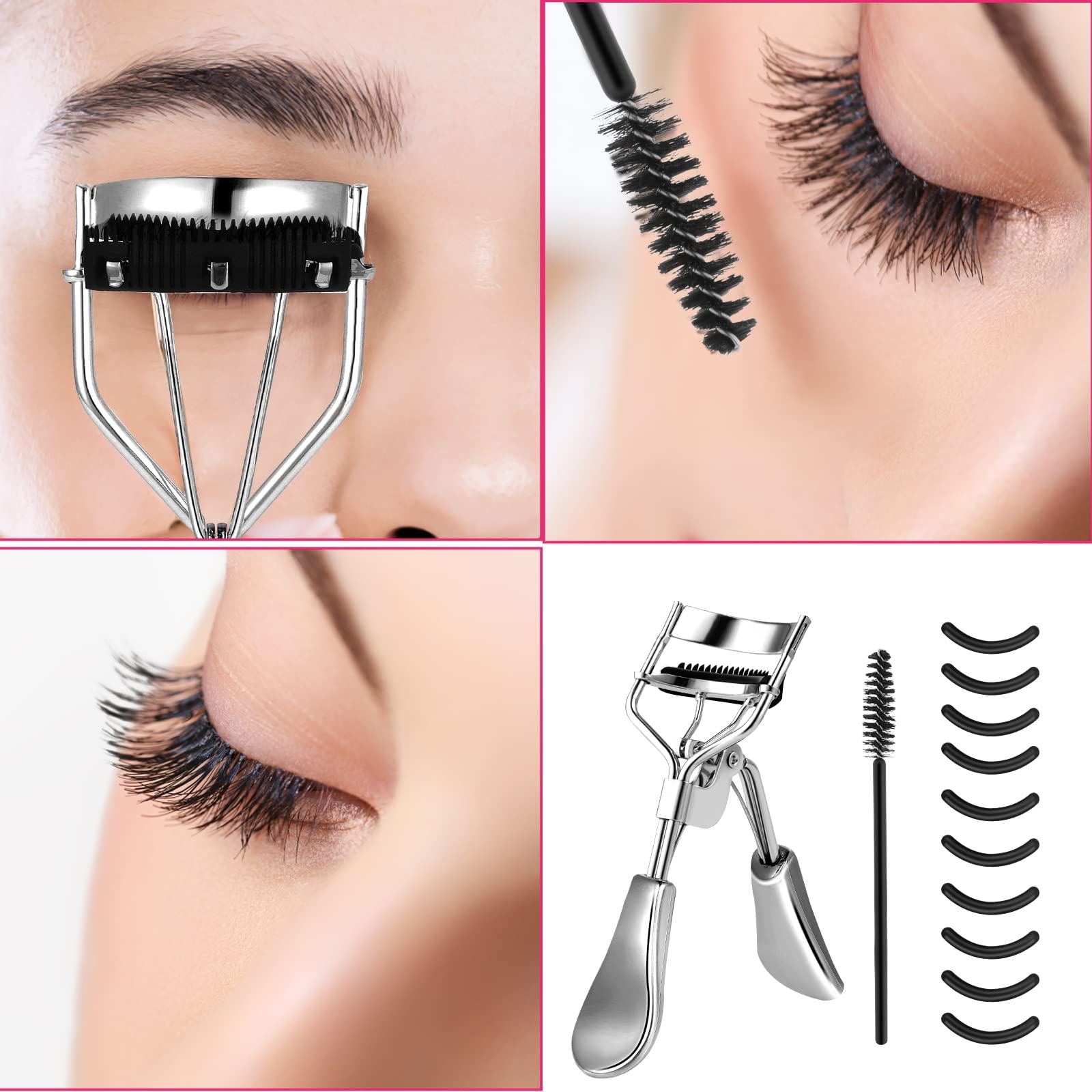 WLLHYF - Kit de rizador de pestañas profesional de metal con peine integrado, 10 almohadillas de recambio de repuesto para mujeres y niñas, consigue pestañas rizadas dramáticamente (plata)