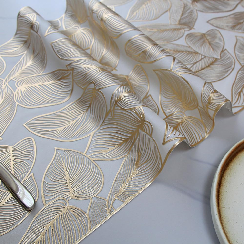Hosoncovy PVC Table Runner Non-slip Decorative Leaf Table Mats Placemat for Home Party Kitchen Dining Wedding Decor (91CM X 33CM) (Gold) - Image 3